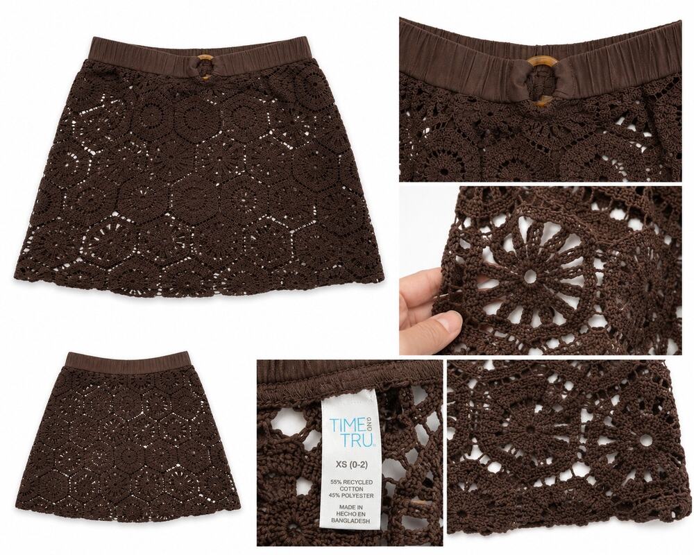 Brown Crochet Swim Cover Up Mini Skirt Boho Beach Resort Vacation Floral Knit XS